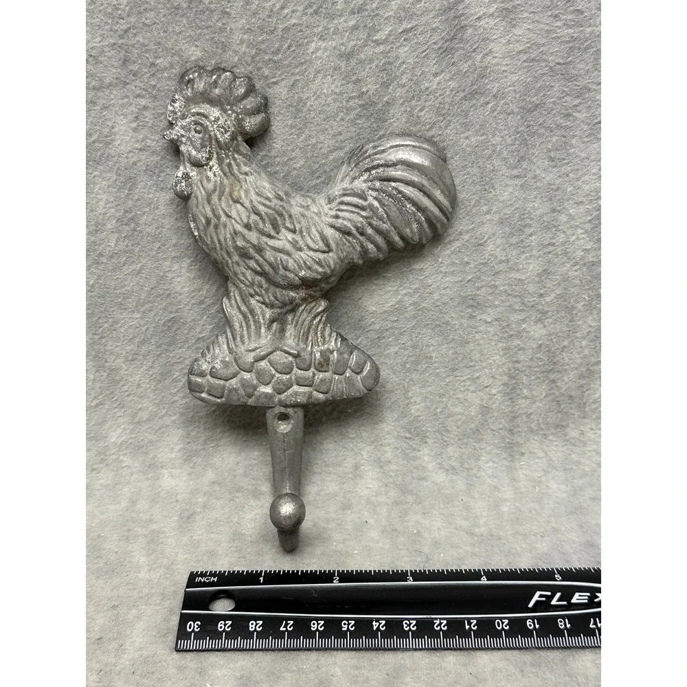 VTG Unbranded‎ Vintage Rooster Wall Hook Home Decor Silver Cast Metal Farmhouse